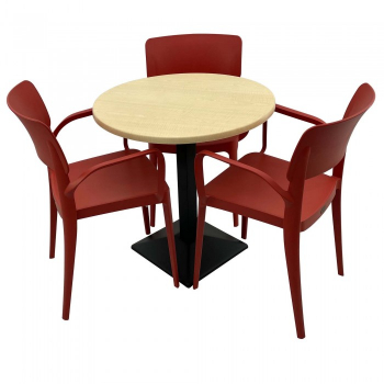 Set mobila de terasa restaurant Raki Maple masa rotunda 70cm cu blat werzalit si baza metalica culoare negru 3 scaune PANORA cu brate rosii 