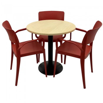 Set mobila de terasa restaurant Raki Maple masa rotunda 70cm cu blat werzalit si baza metalica negru 3 scaune PANORA cu brate rosii 