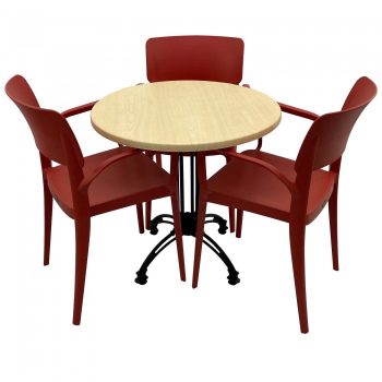 Set mobila de terasa restaurant Raki Maple masa rotunda 70cm cu blat werzalit si baza retro 3 scaune PANORA cu brate rosii 