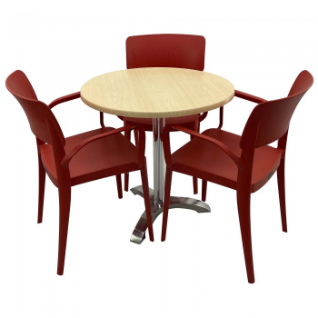 Set mobila de terasa restaurant Raki Maple masa rotunda 70cm cu blat werzalit si picior aluminiu 3 scaune PANORA cu brate rosii 