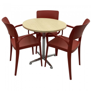 Set mobila de terasa restaurant Raki Maple masa rotunda 70cm cu blat werzalit si picior cromat 3 scaune PANORA cu brate rosii 