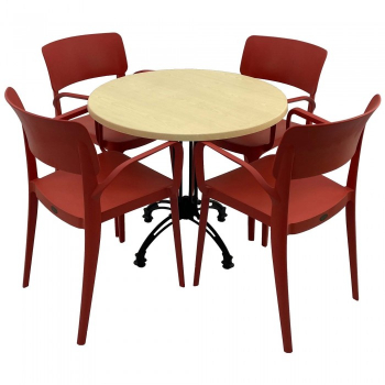 Set mobila de terasa restaurant Raki Maple masa rotunda 80cm cu blat werzalit si baza retro clasic 4 scaune PANORA cu brate rosii 