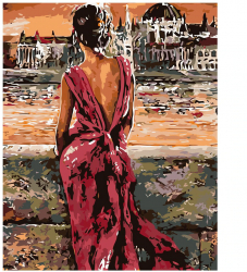 Set pictura pe numere Lady in red 1030 panza bumbac pe rama lemn 80x120 tablou cu schita 3 pensule si vopsea acrilica 