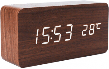 Ceas De Birou Cu LED Wood Style Afisare Temperatura Data Alarma Lemn Maro 