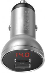 Incarcator auto Baseus cu LCD 2 x USB 4.8A 24W afisare voltaj compatibil 12-24V argintiu