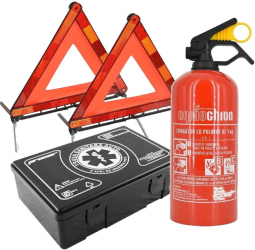 Pachet Obligatoriu Siguranta Rutiera - Stingator Auto Metalic 1Kg Trusa Medicala 2x Triunghiuri Reflectorizante