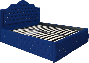 Pat dublu tapitat Colorado Deluxe cu nasturi sticla 140/200 cm culoare bleumarin cu somiera metalica rabatabila si spatiu de depozitare 