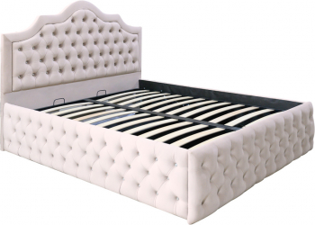 Pat dublu tapitat Colorado Deluxe cu nasturi sticla 140/200 cm culoare crem cu somiera metalica rabatabila si spatiu de depozitare 