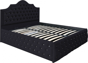 Pat dublu tapitat Colorado Deluxe cu nasturi sticla 140/200 cm culoare negru cu somiera metalica rabatabila si spatiu de depozitare 