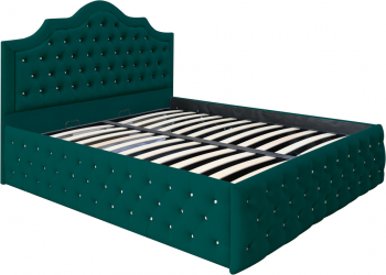 Pat dublu tapitat Colorado Deluxe cu nasturi sticla 180/200 cm culoare verde cu somiera metalica rabatabila si spatiu de depozitare 