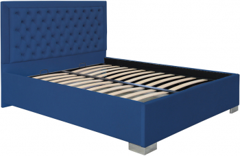 Pat dublu tapitat Louisiana cu picioare 120/200 cm culoare albastru cu somiera metalica fixa 