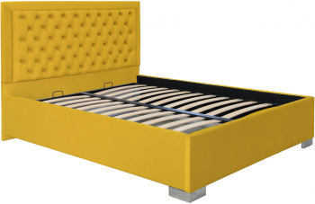 Pat dublu tapitat Louisiana cu picioare 120/200 cm culoare galben mustar cu somiera metalica fixa 