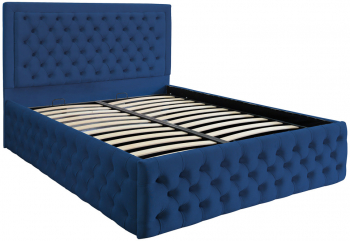 Pat dublu tapitat Louisiana Deluxe 120/200 cm culoare albastru cu somiera metalica rabatabila si spatiu de depozitare 