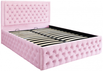Pat dublu tapitat Louisiana Deluxe 120/200 cm culoare roz cu somiera metalica rabatabila si spatiu de depozitare 