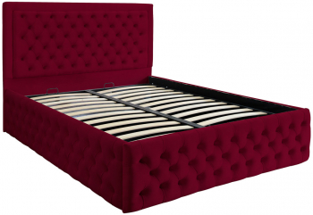 Pat dublu tapitat Louisiana Deluxe 120/200 cm culoare visiniu cu somiera metalica rabatabila si spatiu de depozitare 