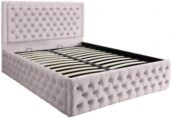 Pat dublu tapitat Louisiana Deluxe 160/200 cm culoare crem cu somiera metalica rabatabila si spatiu de depozitare 