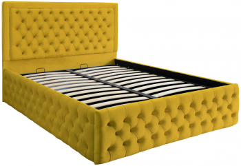 Pat dublu tapitat Louisiana Deluxe 160/200 cm culoare galben mustar cu somiera metalica rabatabila si spatiu de depozitare 