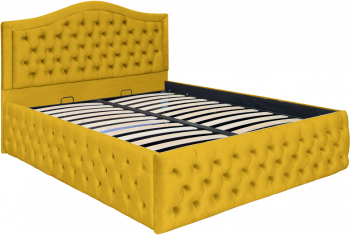 Pat dublu tapitat model Arizona Deluxe 140/200 cm culoare galben mustar cu somiera metalica rabatabila si spatiu de depozitare 