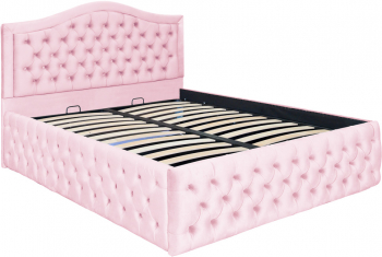 Pat dublu tapitat model Arizona Deluxe 140/200 cm culoare roz cu somiera metalica rabatabila si spatiu de depozitare 