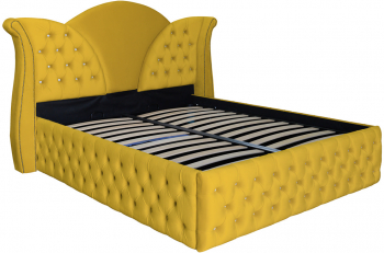 Pat dublu tapitat model Florida Deluxe 160/200 cm culoare galben mustar cu somiera metalica rabatabila si spatiu de depozitare 