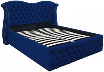 Pat dublu tapitat model Indiana 140/200 cm culoare bleumarin cu somiera metalica rabatabila si spatiu de depozitare 
