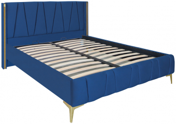 Pat dublu tapitat model Montana cu picioare aurii dimensiune 120/200cm culoare albastru cu somiera metalica fixa 