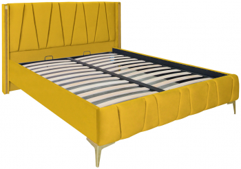 Pat dublu tapitat model Montana cu picioare aurii dimensiune 120/200cm culoare mustar cu somiera metalica fixa 