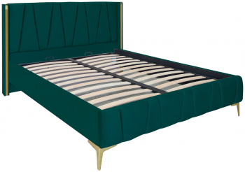 Pat dublu tapitat model Montana cu picioare aurii dimensiune 120/200cm culoare verde cu somiera metalica fixa 