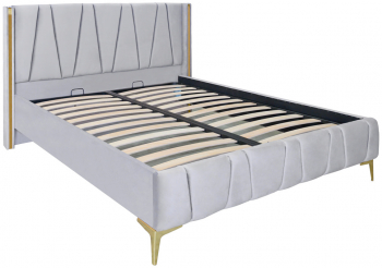 Pat dublu tapitat model Montana cu picioare aurii dimensiune 140/200 cm culoare gri deschis cu somiera metalica fixa 