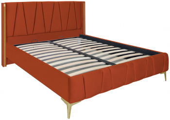 Pat dublu tapitat model Montana cu picioare aurii dimensiune 140/200cm culoare caramiziu cu somiera metalica fixa 