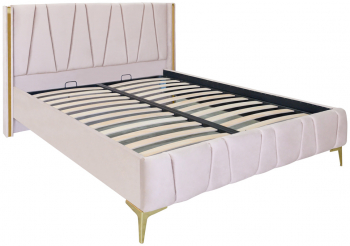 Pat dublu tapitat model Montana cu picioare aurii dimensiune 140/200cm culoare crem cu somiera metalica fixa 