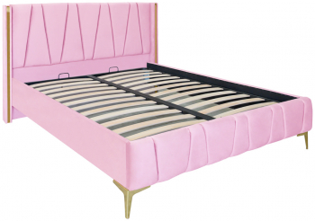Pat dublu tapitat model Montana cu picioare aurii dimensiune 140/200cm culoare roz cu somiera metalica fixa 