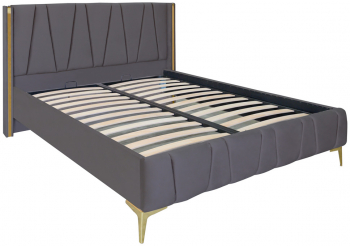 Pat dublu tapitat model Montana cu picioare aurii dimensiune 160/200 cm culoare gri inchis cu somiera metalica fixa 