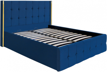 Pat dublu tapitat model Nevada 120/200 cm culoare albastru cu somiera metalica rabatabila si spatiu de depozitare 