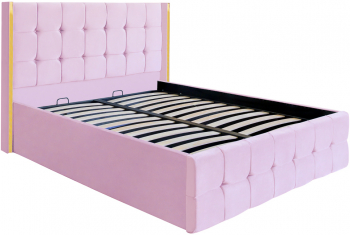 Pat dublu tapitat model Nevada 140/200 cm culoare roz cu somiera metalica rabatabila si spatiu de depozitare 