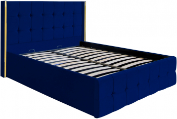 Pat dublu tapitat model Nevada 180/200 cm culoare bleumarin cu somiera metalica rabatabila si spatiu de depozitare 