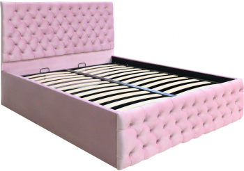 Pat dublu tapitat model Texas 120/200cm culoare roz cu somiera metalica rabatabila si spatiu de depozitare 