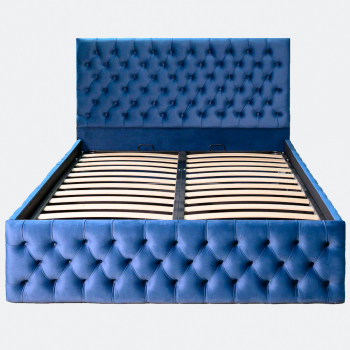 Pat dublu tapitat model Texas Deluxe 120/200 cm culoare albastru cu somiera metalica rabatabila si spatiu de depozitare 