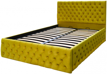Pat dublu tapitat model Texas Deluxe 120/200 cm culoare mustar cu somiera metalica rabatabila si spatiu de depozitare 