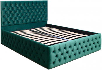 Pat dublu tapitat model Texas Deluxe 120/200 cm culoare verde cu somiera metalica rabatabila si spatiu de depozitare