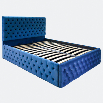 Pat dublu tapitat model Texas Deluxe 140/200 cm culoare albastru cu somiera metalica rabatabila si spatiu de depozitare 