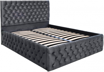 Pat dublu tapitat model Texas Deluxe 160/200 cm culoare gri inchis cu somiera metalica rabatabila si spatiu de depozitare 