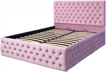 Pat dublu tapitat model Texas Deluxe 160/200 cm culoare roz cu somiera metalica rabatabila si spatiu de depozitare 