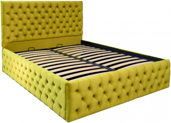 Pat dublu tapitat model Texas Deluxe 180/200 cm culoare galben mustar cu somiera metalica rabatabila si spatiu de depozitare 
