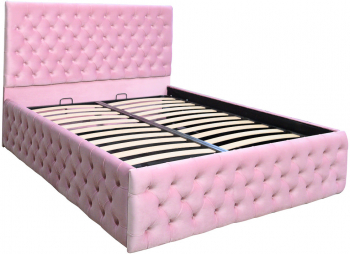 Pat dublu tapitat model Texas Deluxe 180/200 cm culoare roz cu somiera metalica rabatabila si spatiu de depozitare 