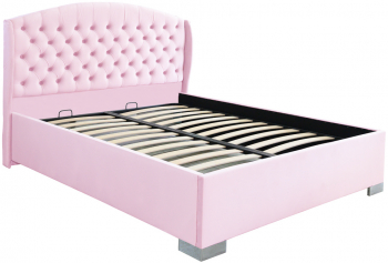 Pat dublu tapitat model Vancouver cu picioare 200/200 cm culoare roz cu somiera metalica fixa 