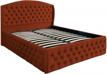 Pat dublu tapitat model Vancouver Deluxe 120/200 cm culoare caramiziu cu somiera metalica rabatabila si spatiu de depozitare 