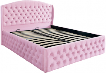 Pat dublu tapitat model Vancouver Deluxe 120/200 cm culoare roz cu somiera metalica rabatabila si spatiu de depozitare 