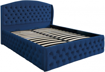 Pat dublu tapitat model Vancouver Deluxe 140/200 cm culoare albastru cu somiera metalica rabatabila si spatiu de depozitare 