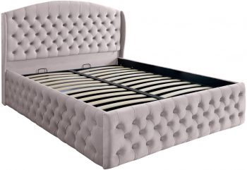 Pat dublu tapitat model Vancouver Deluxe 160/200 cm culoare crem cu somiera metalica rabatabila si spatiu de depozitare 